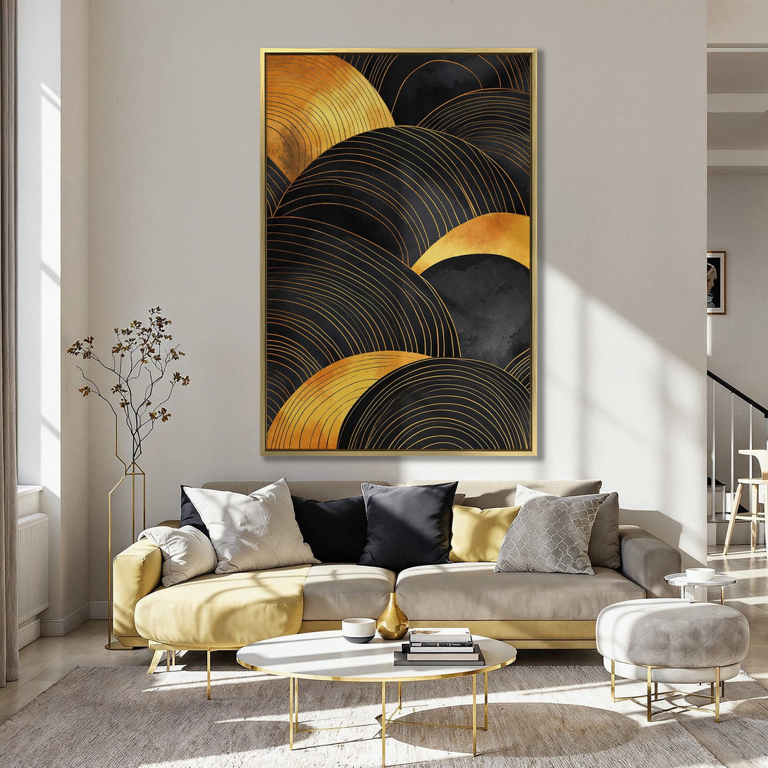 Canvas Print featuring abstract gold and black art, displayed in a kitchen with a mauve wall. Modern, minimalist style.