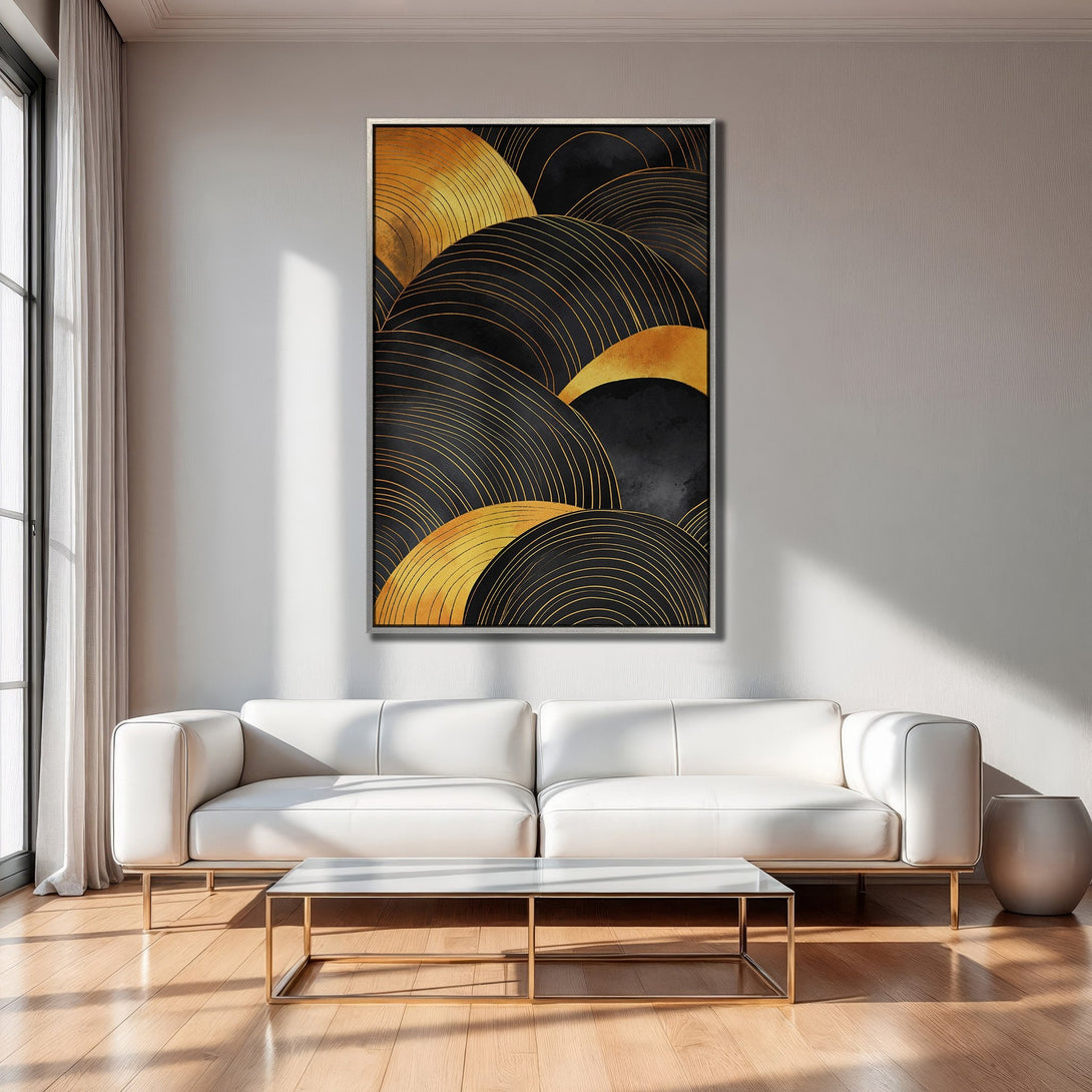 Framed Wall Art featuring abstract gold and black design, adding a touch of luxury to any interior. Modern art with a sophisticated color palette.