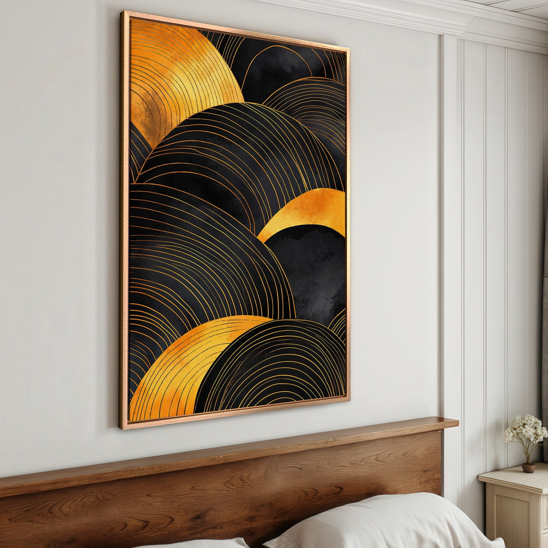 Framed Wall Art featuring abstract gold and black design. Modern art canvas print with a warm, inviting color palette, perfect for bedroom decor.