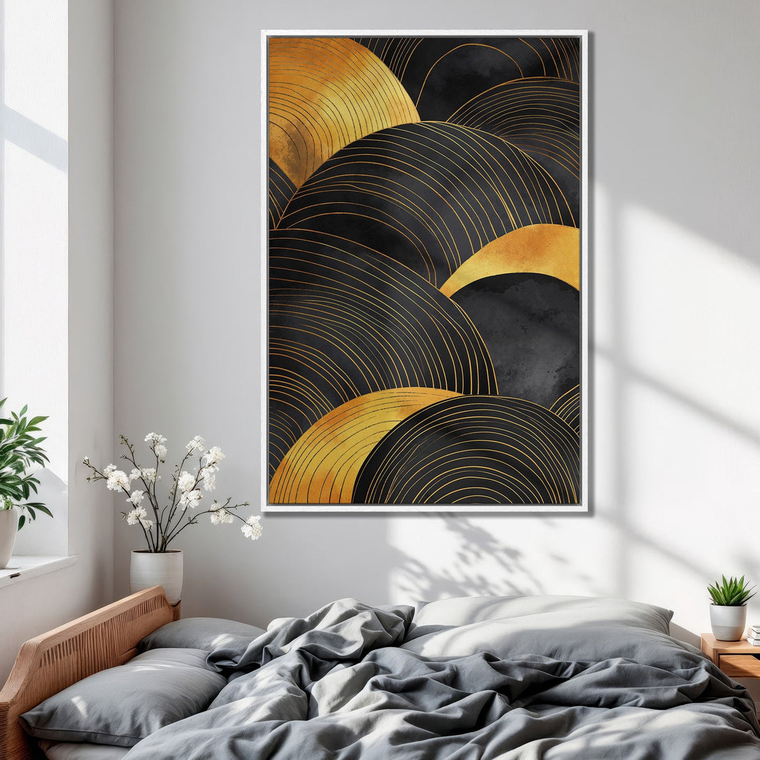 Framed Wall Art featuring an abstract gold and black design. Modern art print adds a touch of elegance to any bedroom decor.
