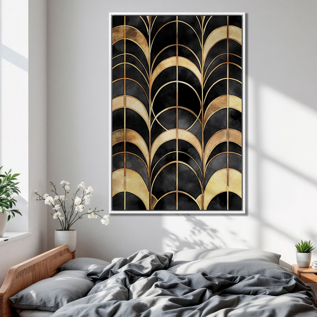 Framed Wall Art featuring an Art Deco geometric pattern in black and gold, adding a touch of luxury to any bedroom decor.