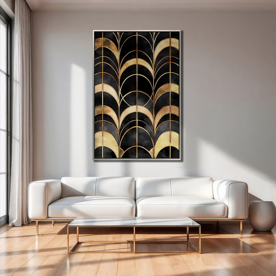 Framed Wall Art: Modern abstract art print in black & gold, displayed in a stylish interior. Perfect wall decor for a sophisticated look.