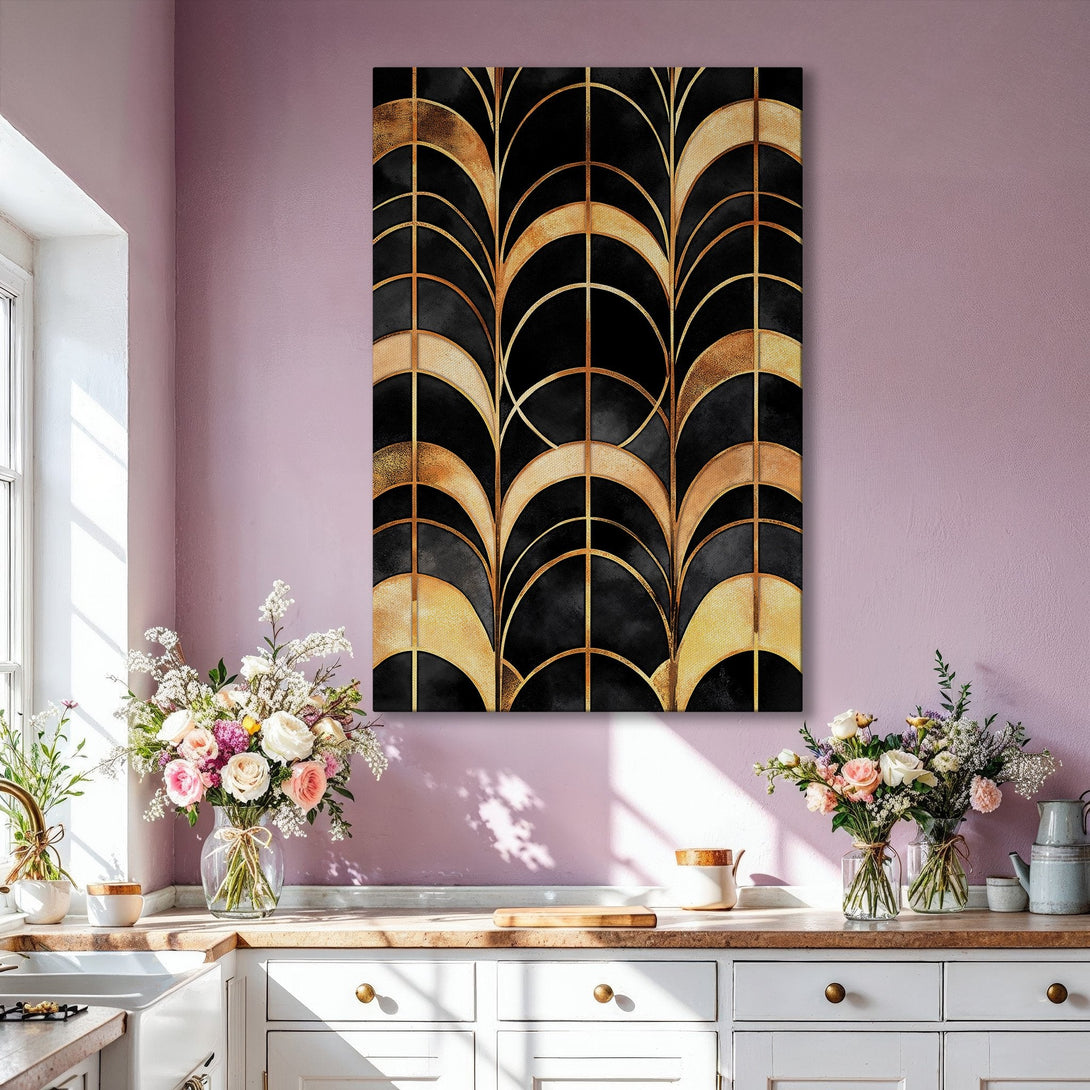 Framed Wall Art: Art Deco geometric print in black and gold. Modern canvas print adds a touch of luxury to any interior. Shop now!