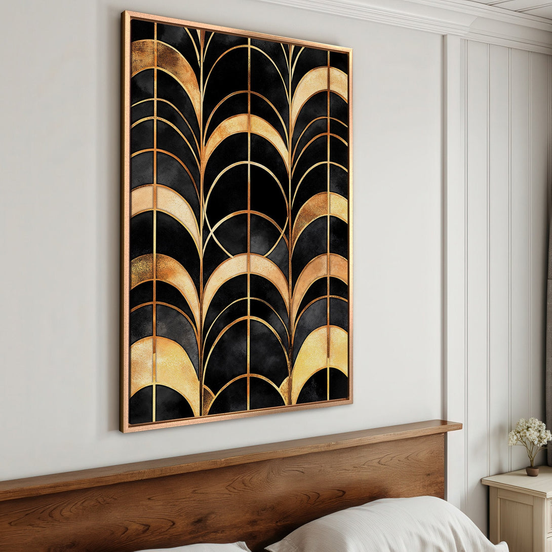Framed Wall Art: Art Deco design in black and gold. Modern canvas print adds a touch of luxury to any space. Shop now for stylish home decor!