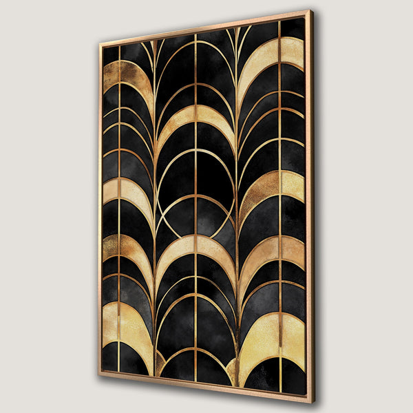 Framed Wall Art featuring an Art Deco design in black and gold. Add a touch of luxury to your home with this stunning canvas print.
