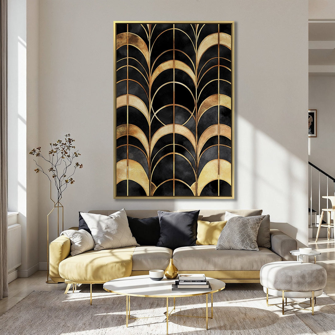 Canvas Print: Art Deco design in black and gold, displayed in a kitchen. Modern wall art with a luxurious, geometric pattern and a warm color palette.