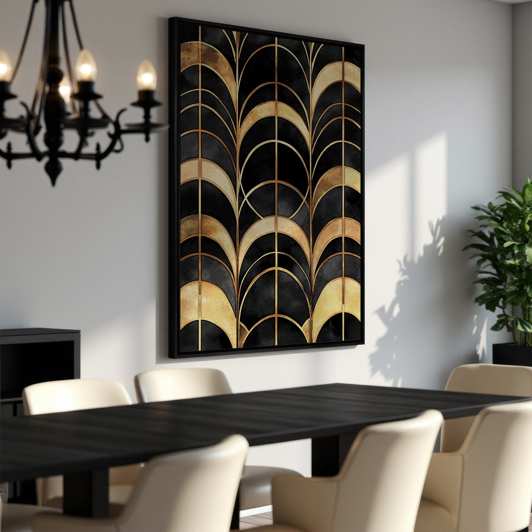 Framed Wall Art featuring an Art Deco design in black and gold. Elegant canvas print adds a touch of luxury to any dining room.