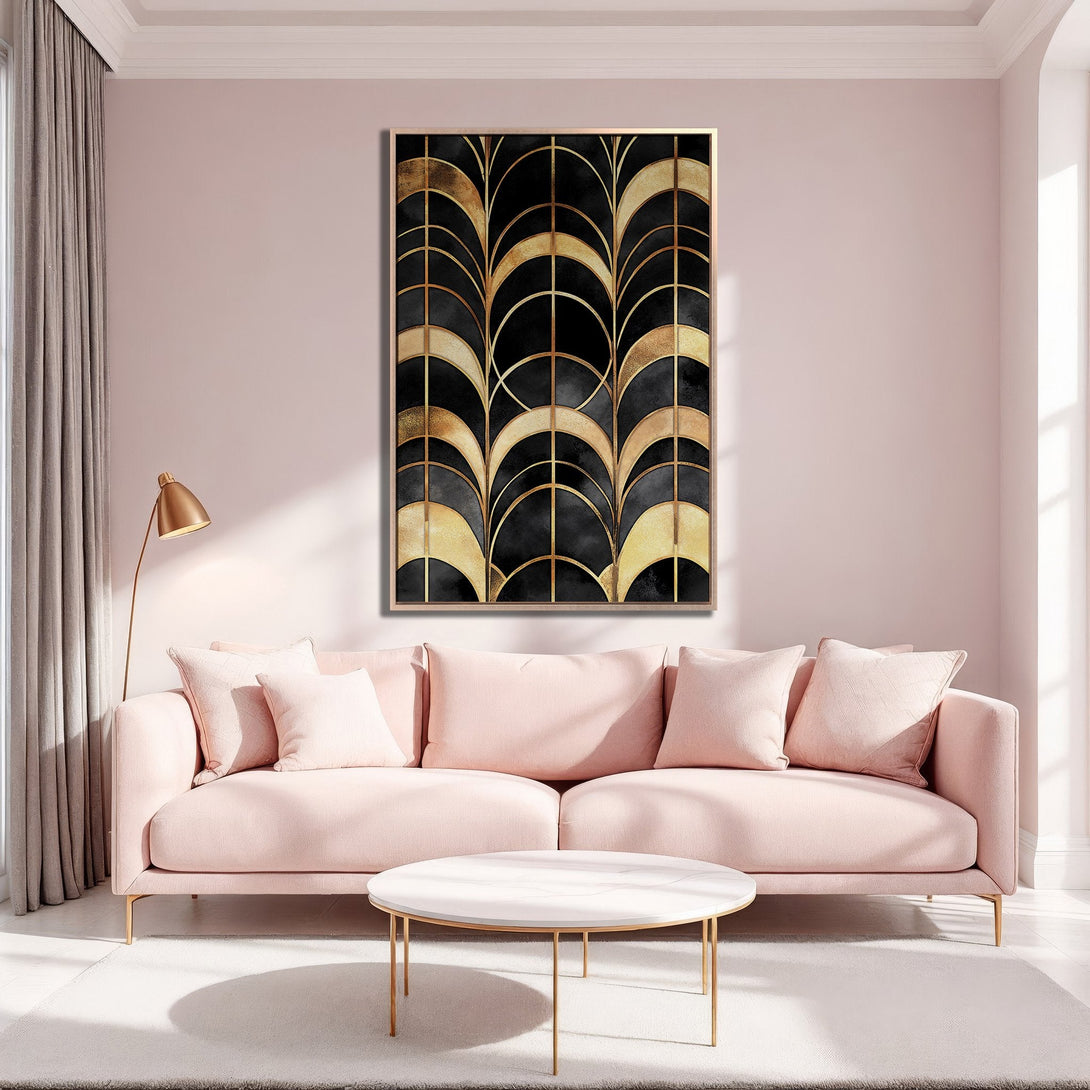 Framed Wall Art: Abstract geometric design in black and gold, displayed in a blush pink living room. Modern art for elegant home decor.
