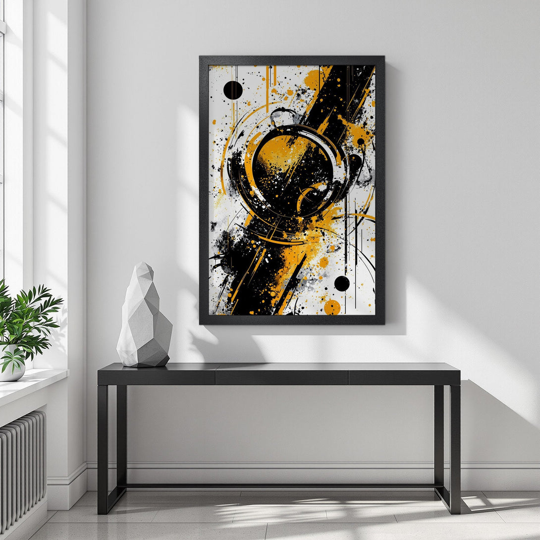 Framed Poster featuring abstract art with black, yellow, and white color palette. Modern wall art for your home decor.