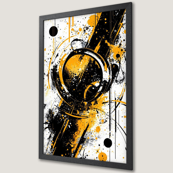 Framed Poster: Abstract art with black, yellow, and white splatter design. Modern style for home decor. Add a pop of color to your space!