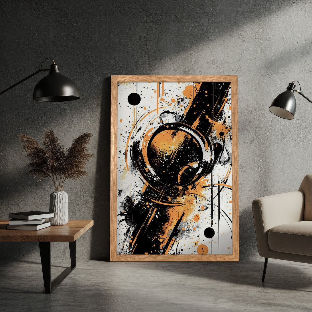 Framed Poster featuring abstract art with black, orange, and white splatter design. Modern art print for your home decor.