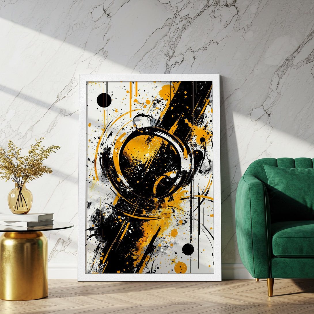 Framed Poster: Abstract art print with black, yellow, and white color palette. Modern wall decor for your home.