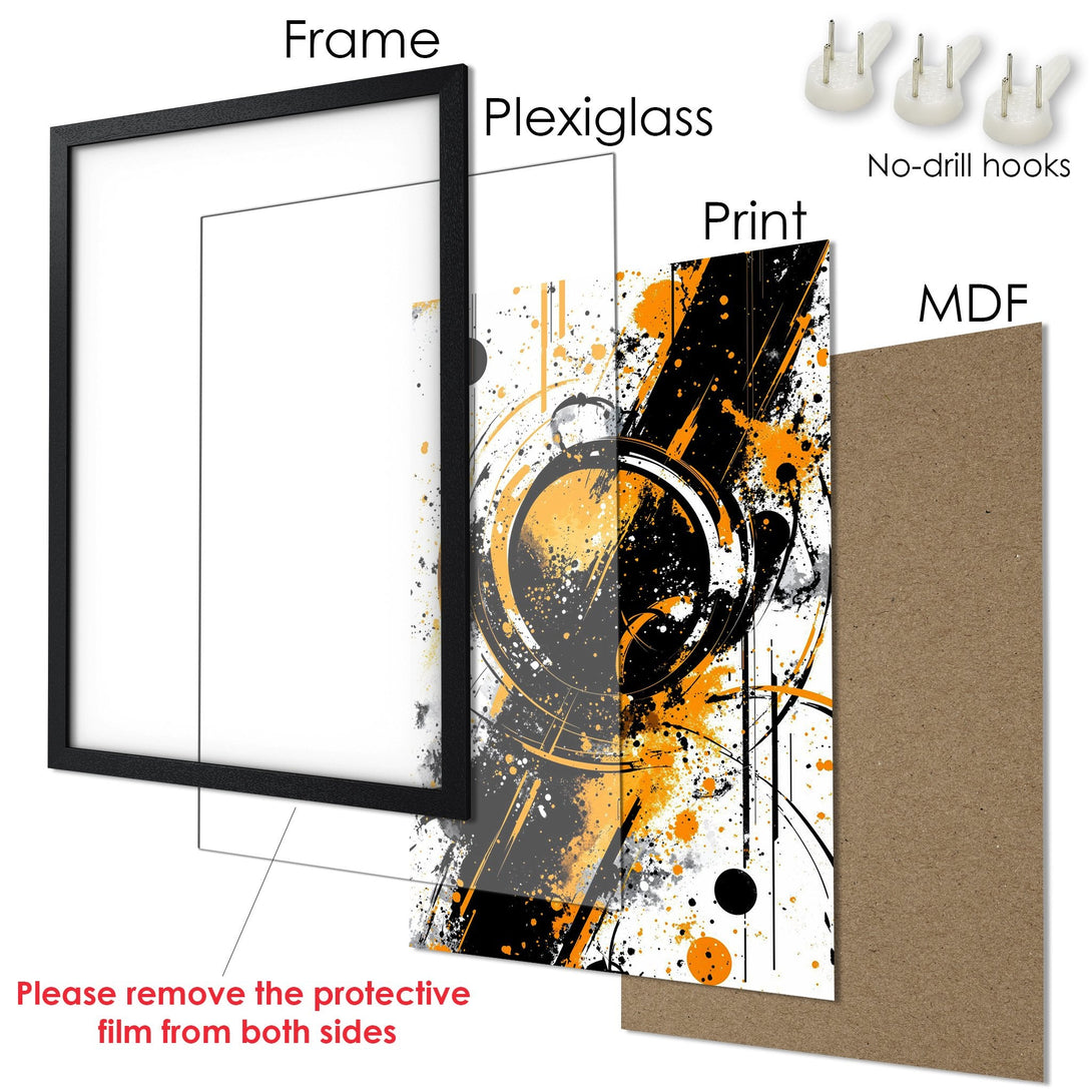 Framed Poster: Abstract art print with black frame, orange & black splatter design. Modern wall decor. Ready to hang.