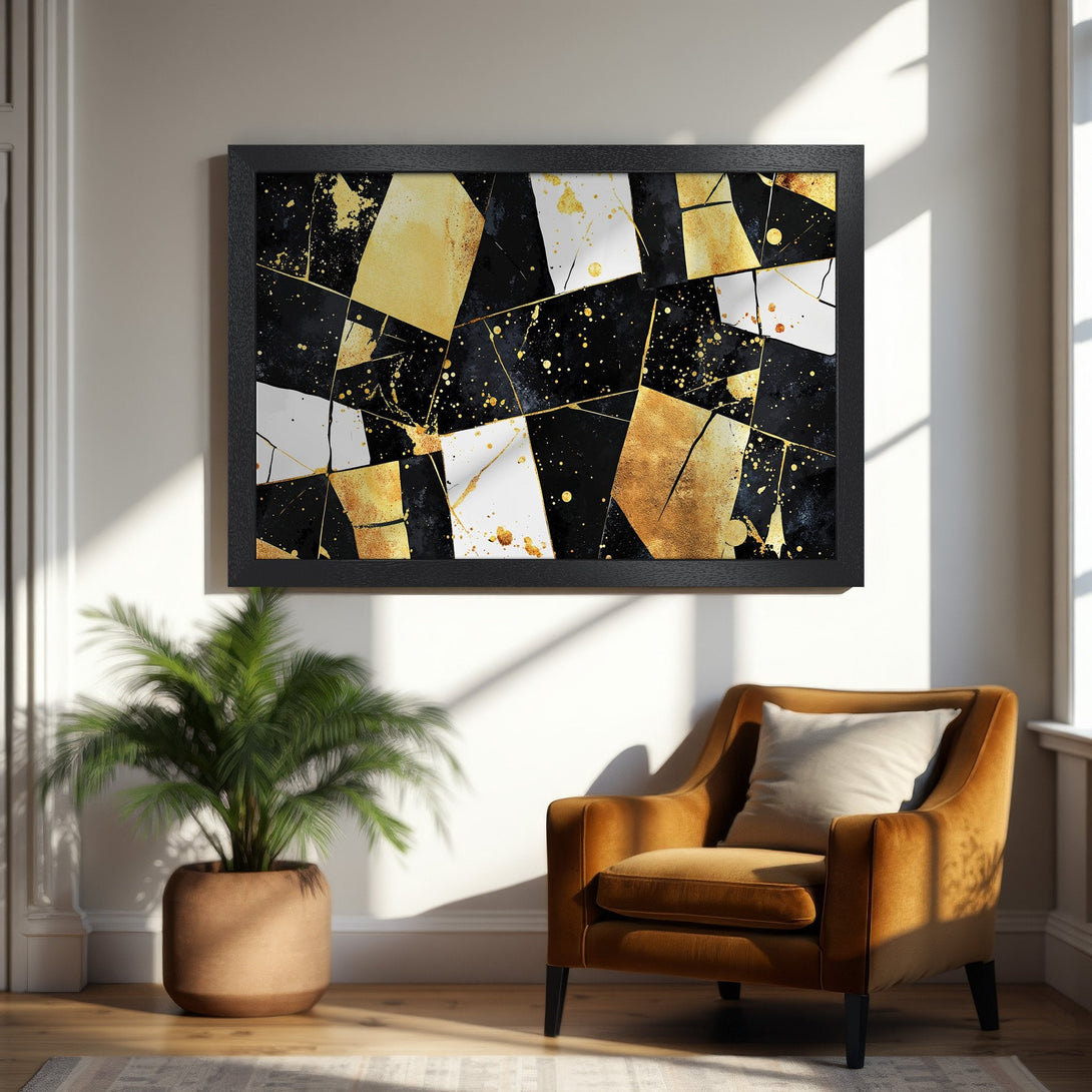 Framed Poster featuring abstract gold, black, and white art. Modern style, perfect for adding a touch of elegance to your space.