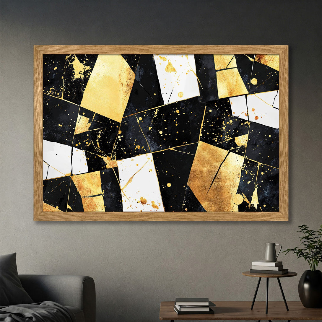 Framed Poster featuring abstract geometric art in gold, black, and white. Modern art print for your home decor.