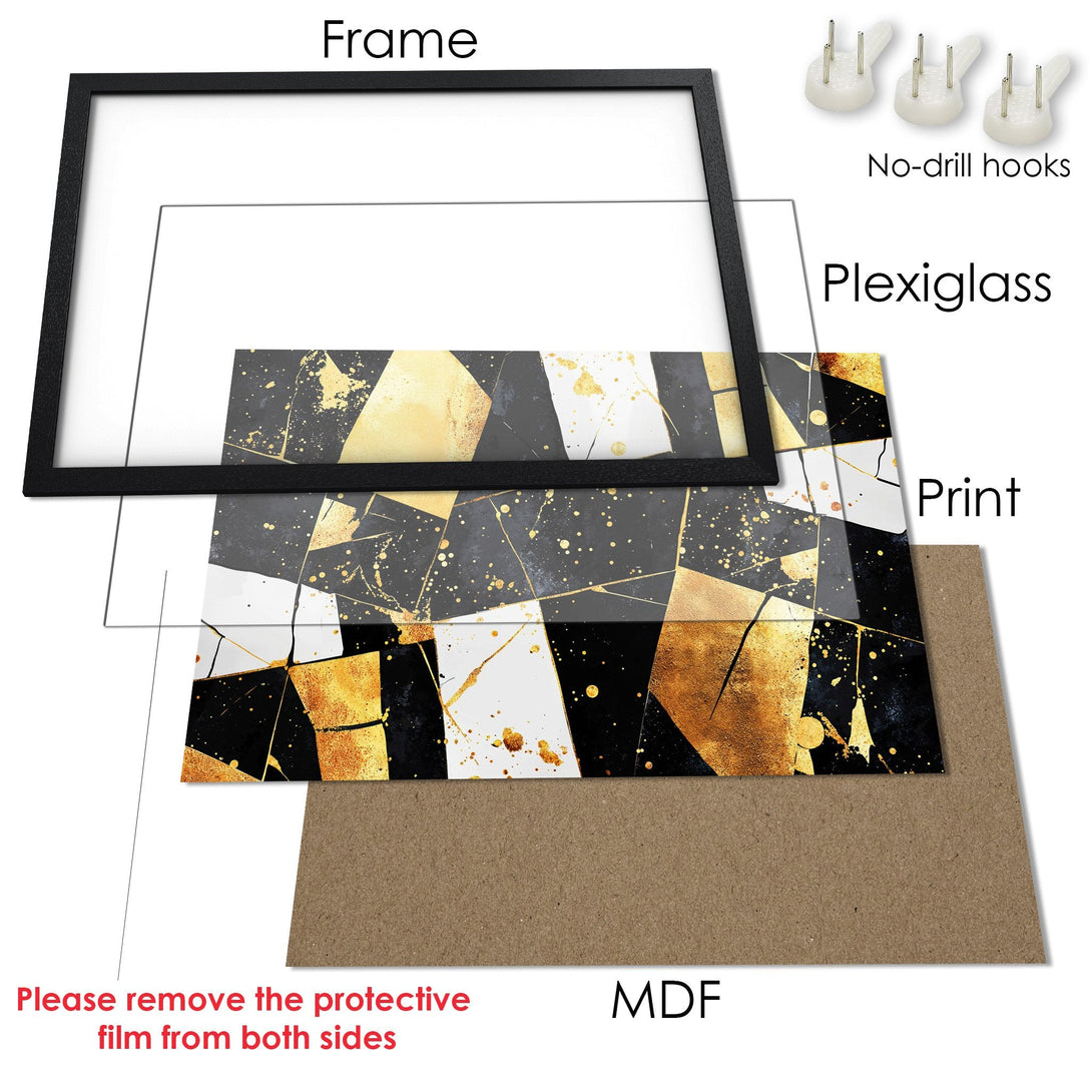 Framed Poster with abstract gold, black, and white art. Modern style, perfect for home decor.