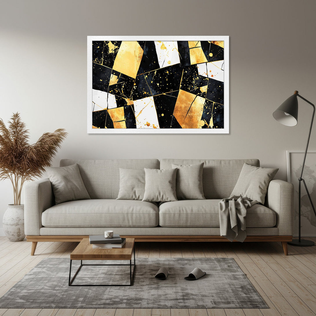 Framed Poster featuring abstract gold & black art. Modern style, elegant decor. Perfect wall art for living rooms.