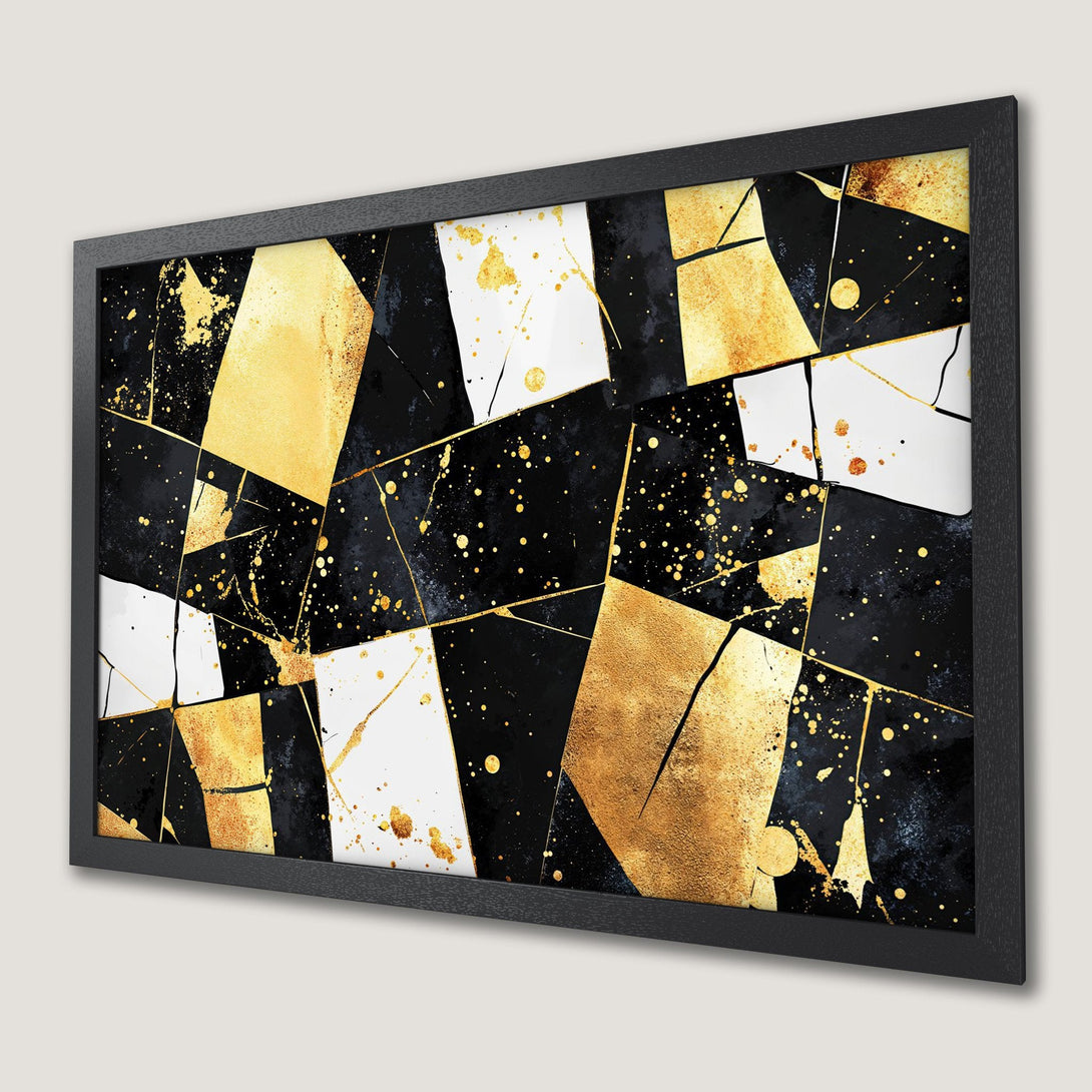 Framed Poster featuring abstract gold, black, and white geometric art. Modern design perfect for home decor.