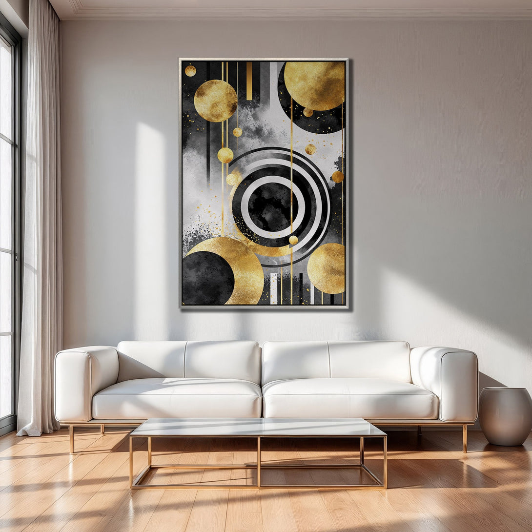 Framed Wall Art: Abstract gold and black geometric design Canvas Print. Modern art with a luxurious, contemporary style, perfect for any interior.
