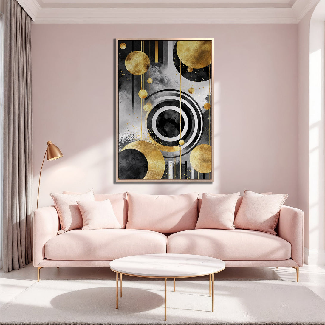 Framed Wall Art: Abstract geometric design in gold, black, and white. Modern art canvas print adds a touch of luxury to any interior with blush pink accents.