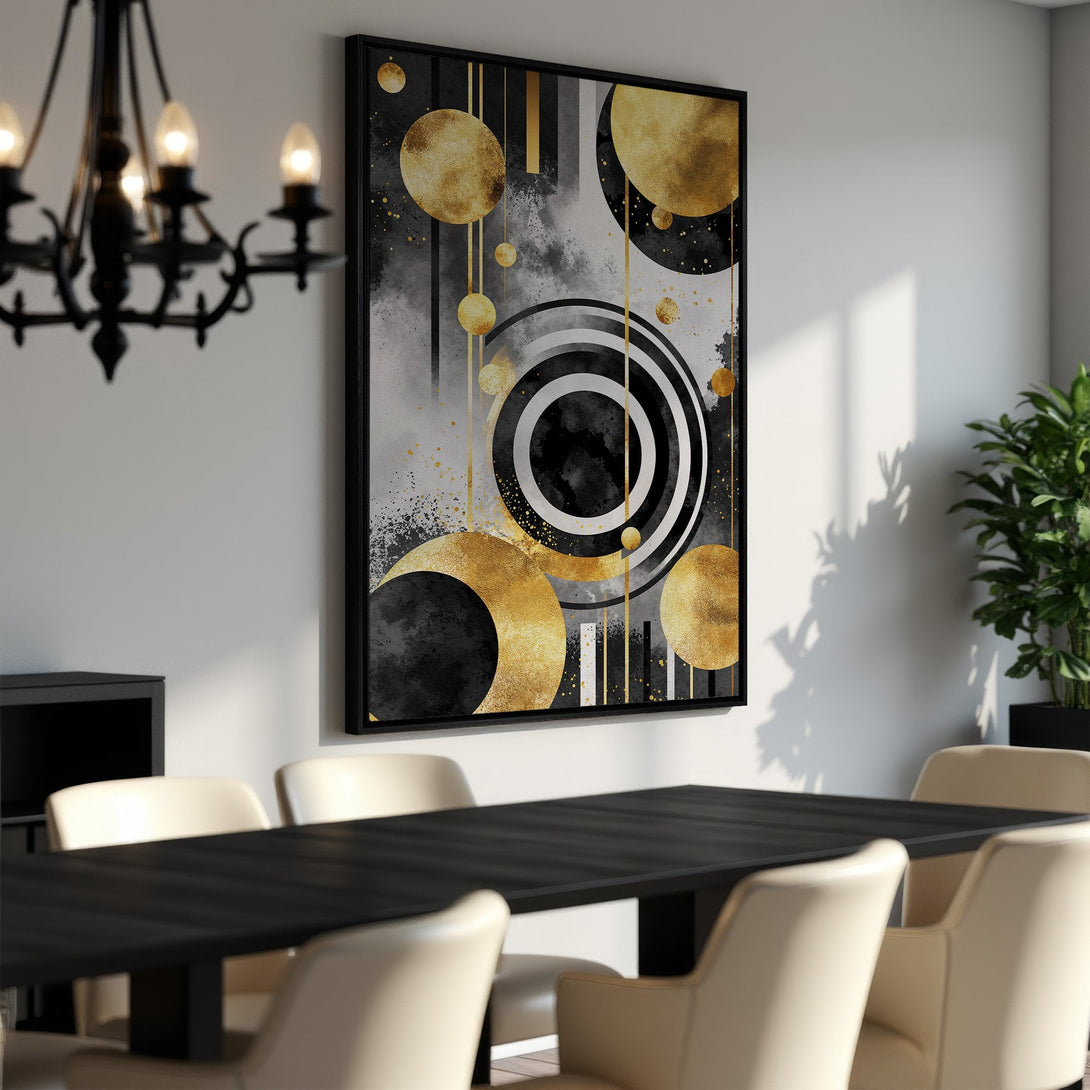 Framed Wall Art: Abstract gold and black geometric design. Modern art in a dining room setting. Luxurious home decor with a neutral color palette.