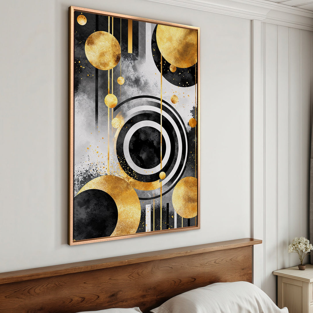 Framed Wall Art featuring a modern abstract design with gold, black, and gray geometric shapes. Perfect for adding a touch of luxury to any space.