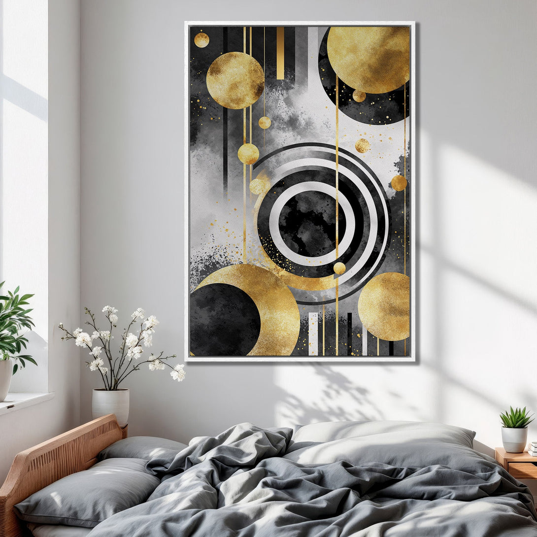 Framed Wall Art featuring abstract geometric design in gold, black, and white. Modern art print perfect for bedroom decor.