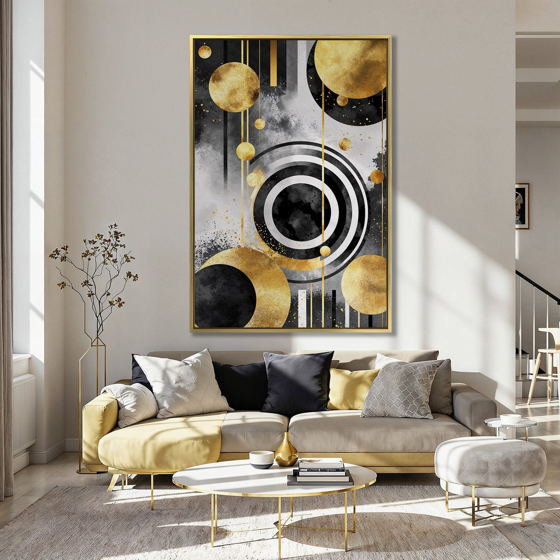 Canvas Print: Abstract geometric art in black, gold, and gray. Modern wall decor with a stylish, contemporary design.