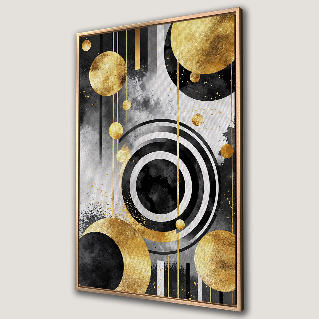Framed Wall Art: Abstract geometric design with gold, black, and gray color palette. Modern Canvas Print perfect for adding a touch of elegance to any space.