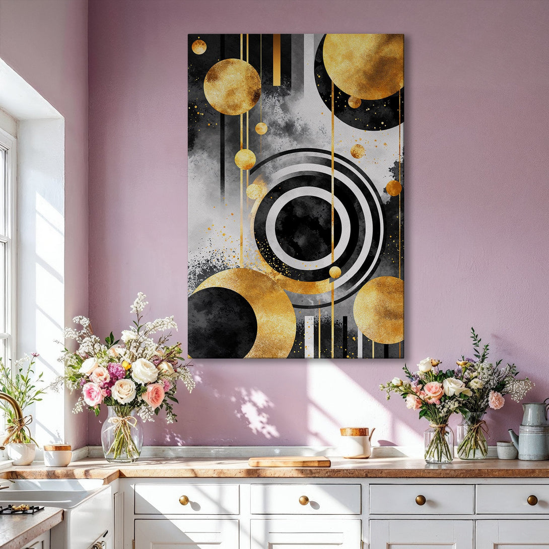 Framed Wall Art featuring an abstract geometric design in gold, black, and white. Modern art canvas print adds a touch of luxury to any living room.