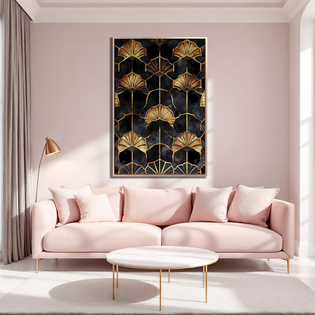 Framed Wall Art: Geometric gold and black design adds elegance. Modern Canvas Print in a stylish pink living room, perfect for home decor.