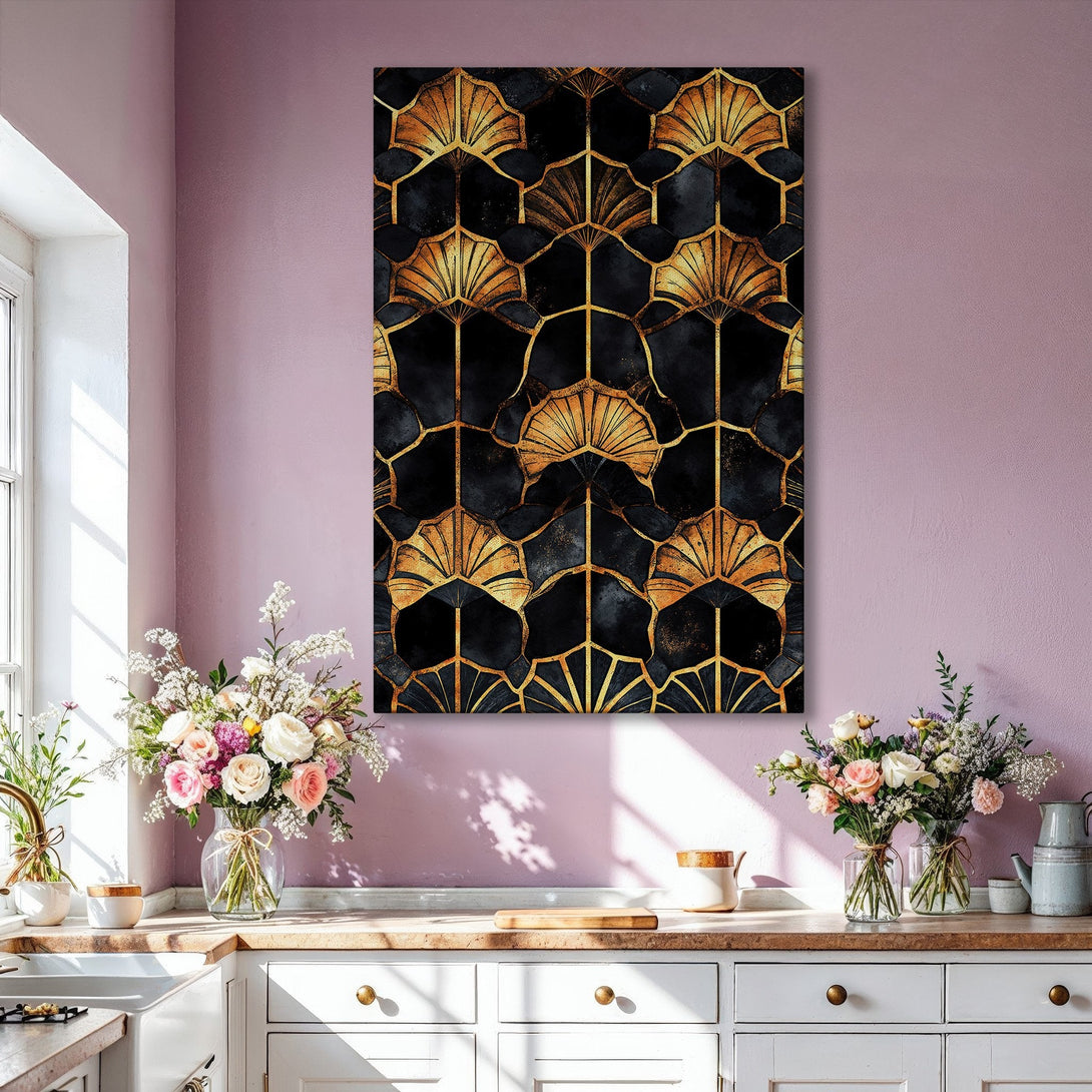Framed Wall Art: Abstract geometric design in gold and black. Modern art canvas print adds a touch of luxury to any interior. Shop now!