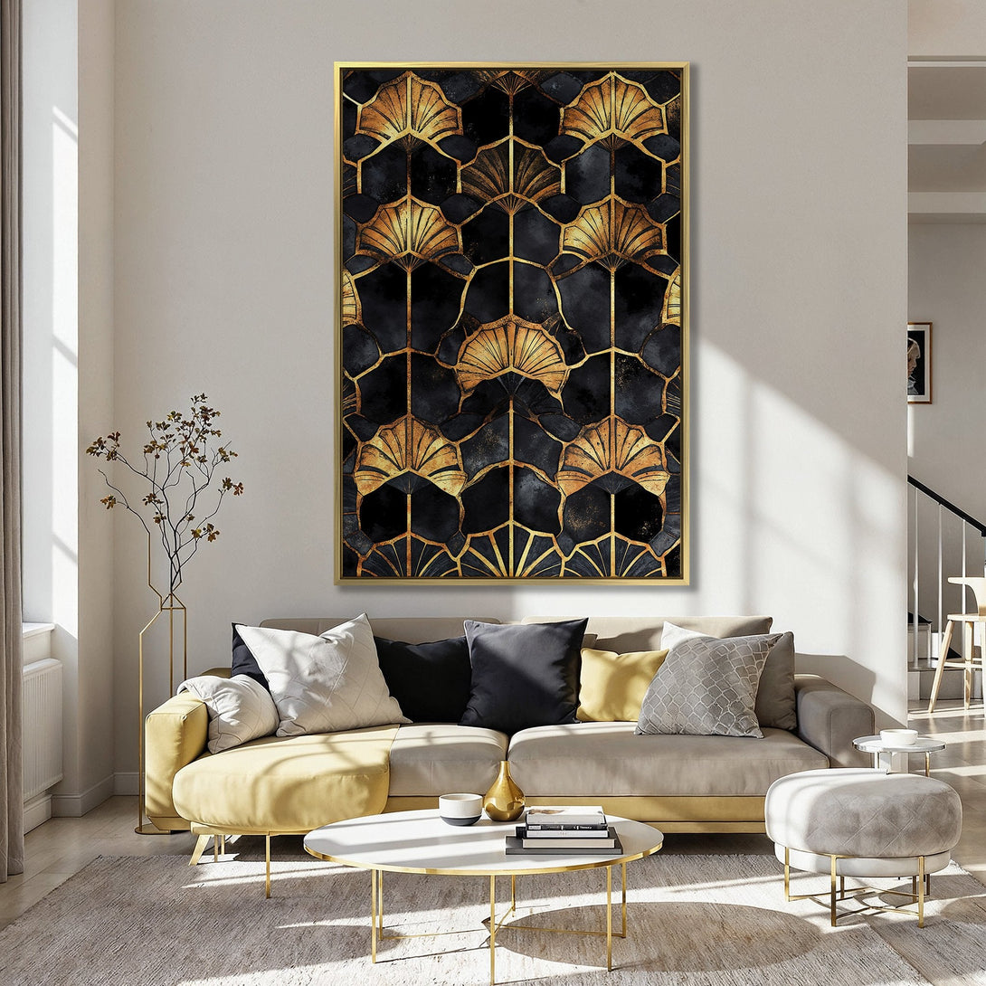 Canvas Print featuring a striking Art Deco pattern in black and gold, adding elegance to a modern interior.