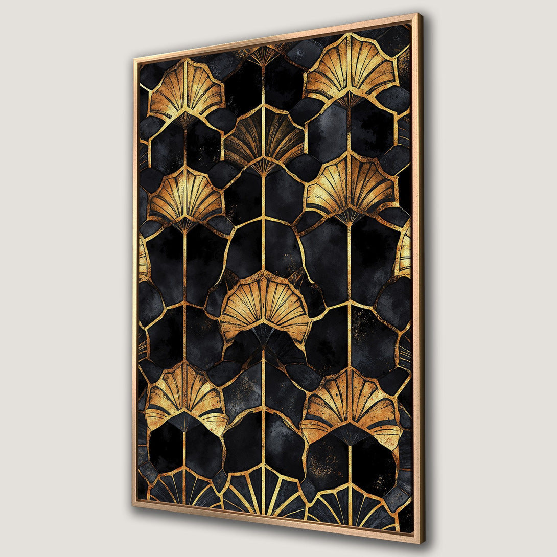 Framed Wall Art featuring a geometric Art Deco design in black and gold, perfect for adding a touch of luxury to your home decor.