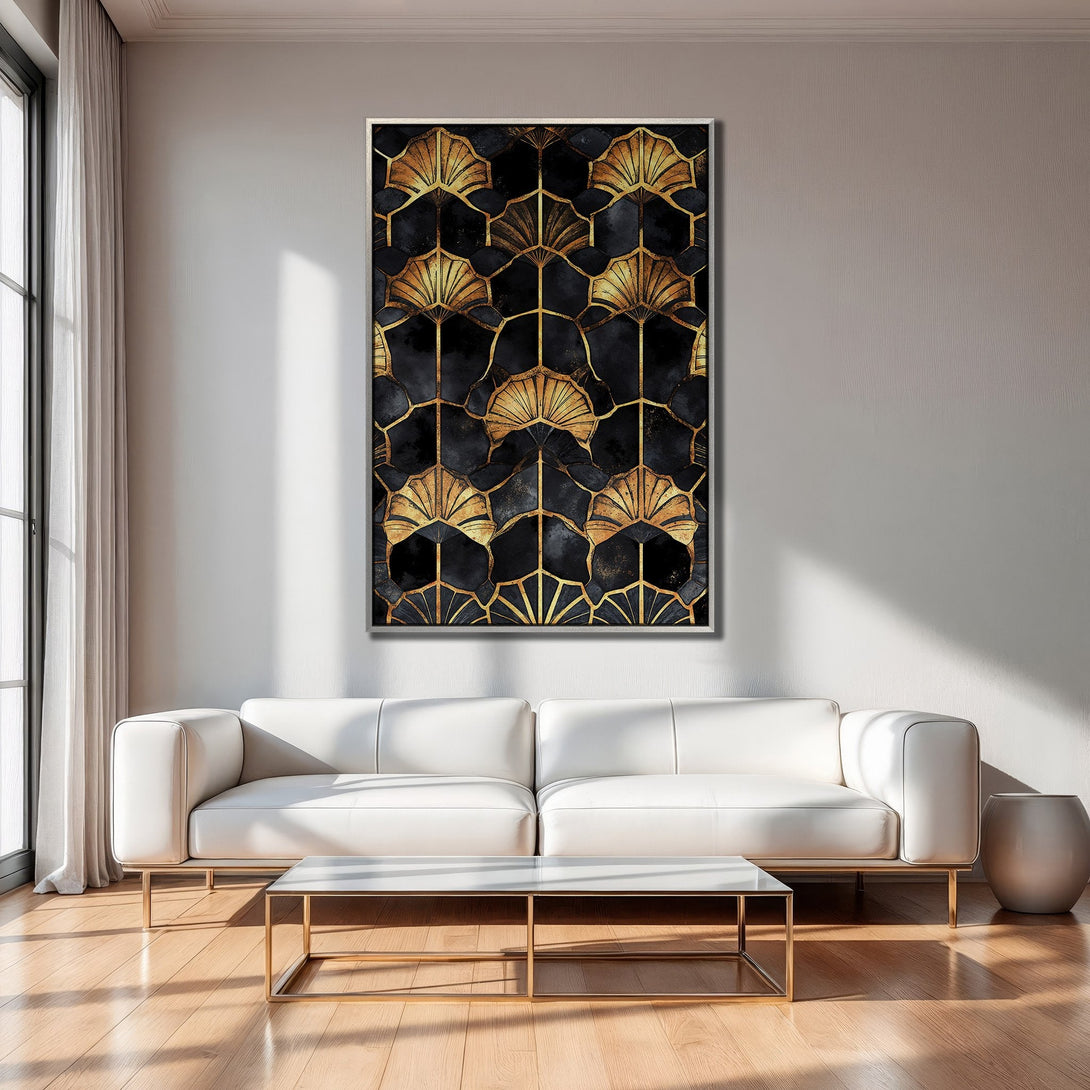 Framed Wall Art featuring a geometric gold and black design. Modern art print with a luxurious, Art Deco style. Perfect for adding elegance to any room.