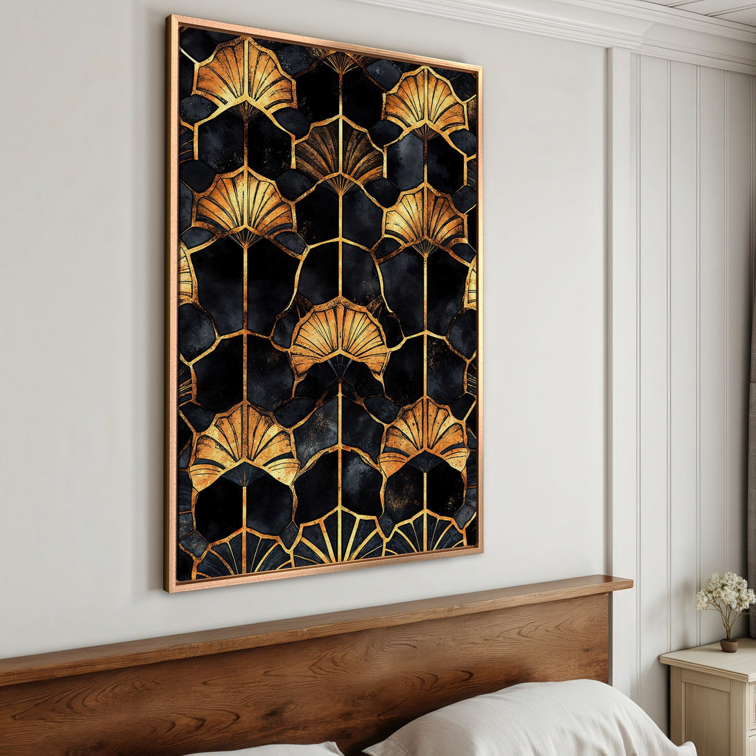 Framed Wall Art featuring a geometric fan design in gold and black. Modern art print perfect for a bedroom. Enhance your decor with this elegant piece.