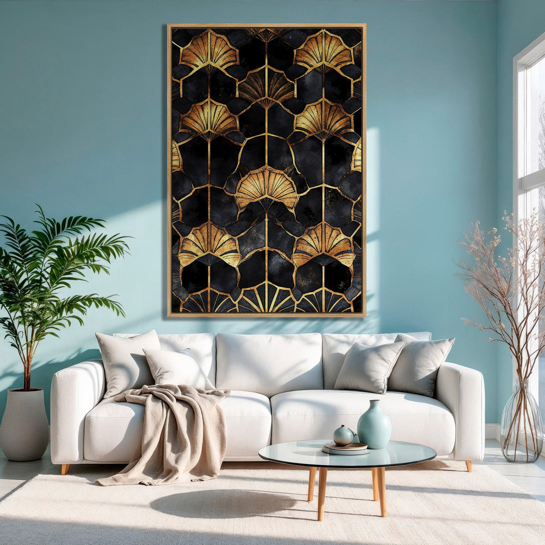 Framed Wall Art featuring a gold and black geometric design. Modern art print with a luxurious feel, perfect for adding a touch of elegance to your space.