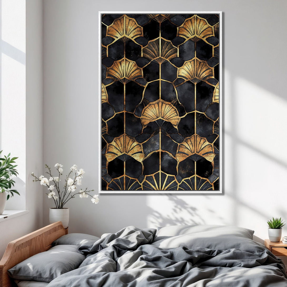 Framed Wall Art: Geometric art print in black and gold, Art Deco style. Modern bedroom decor with a luxurious color palette.