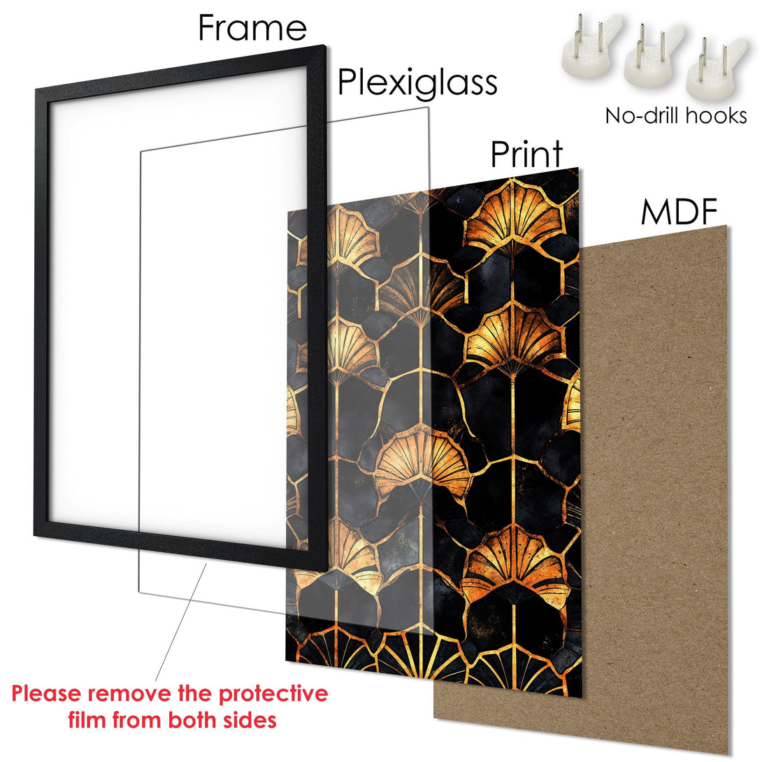 Framed Poster with Art Deco design in black and gold. Stylish wall art for your home. Includes frame, plexiglass, and hanging hardware.