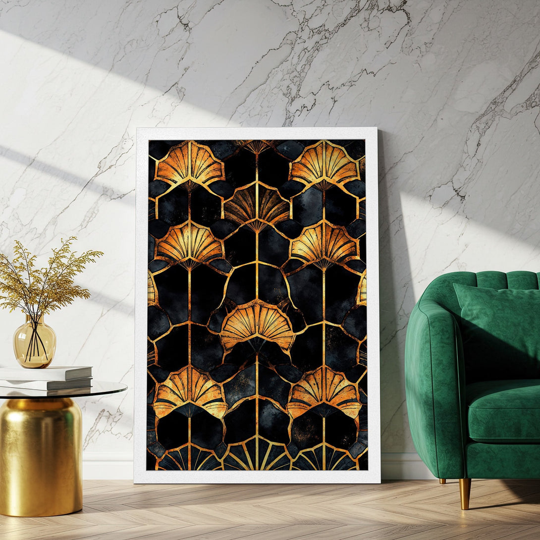 Framed Poster featuring an Art Deco design in black and gold. Perfect wall art for a stylish space!