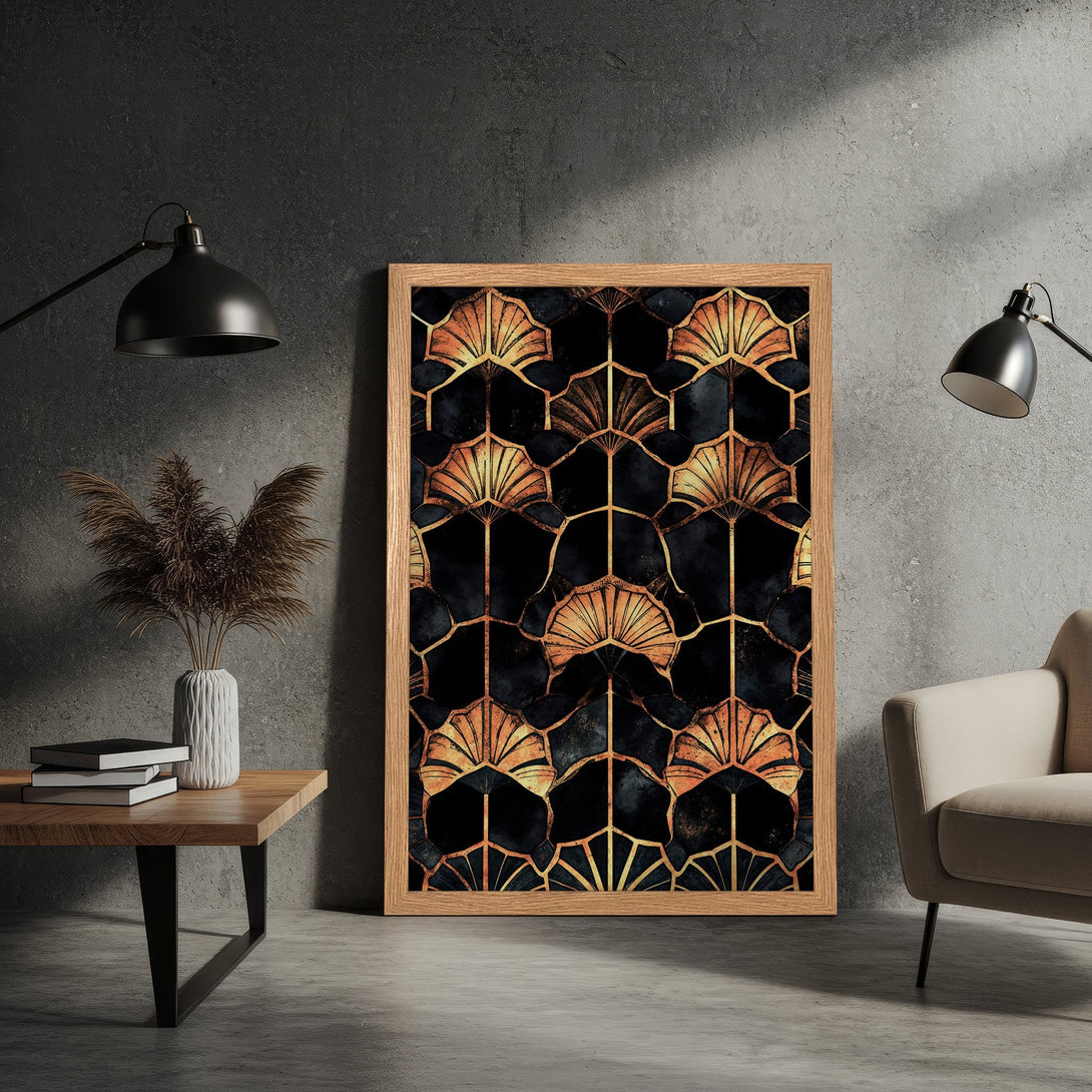 Framed Poster featuring an Art Deco-inspired design in black and gold, perfect for adding a touch of elegance to any space.