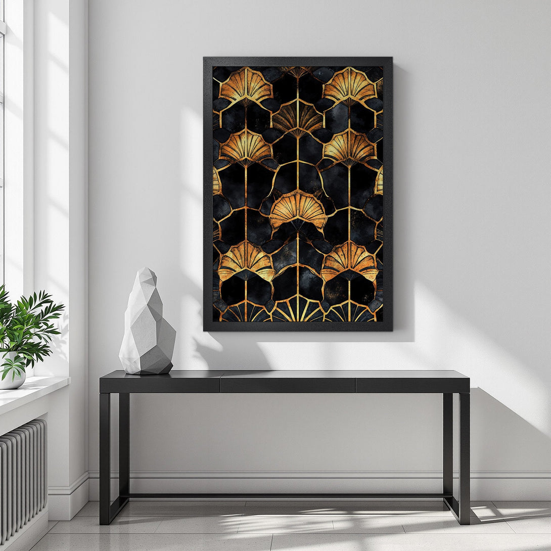 Framed Poster featuring a gold and black art deco design. Perfect for adding a touch of luxury to your home decor.