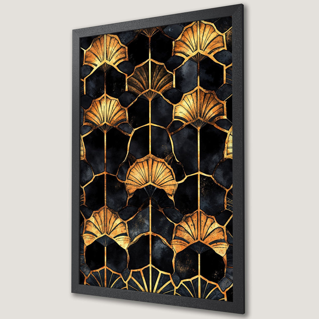 Framed Poster featuring a geometric Art Deco design in black and gold. Elevate your space with this stylish wall art.