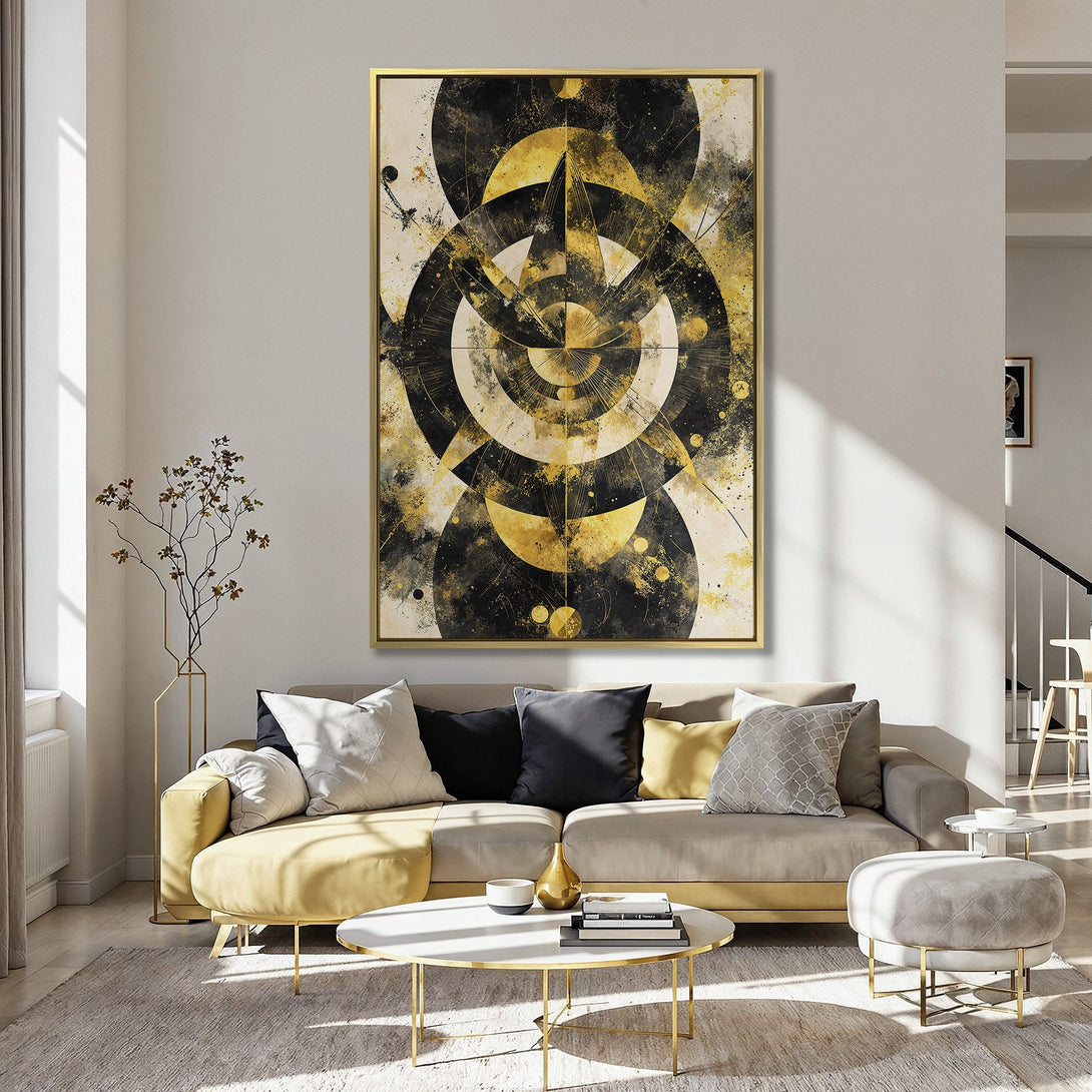 Abstract Canvas Print art in a kitchen with a black, gold, and white color palette. Modern wall decor for a stylish home.