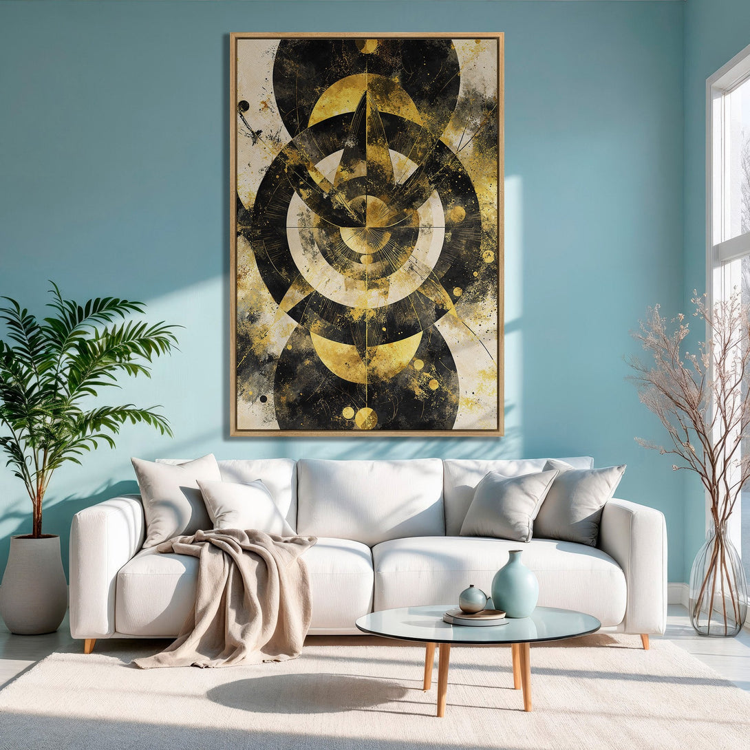 Framed Wall Art featuring a geometric abstract design in black and gold tones. Modern art canvas print adds a touch of elegance to any interior.