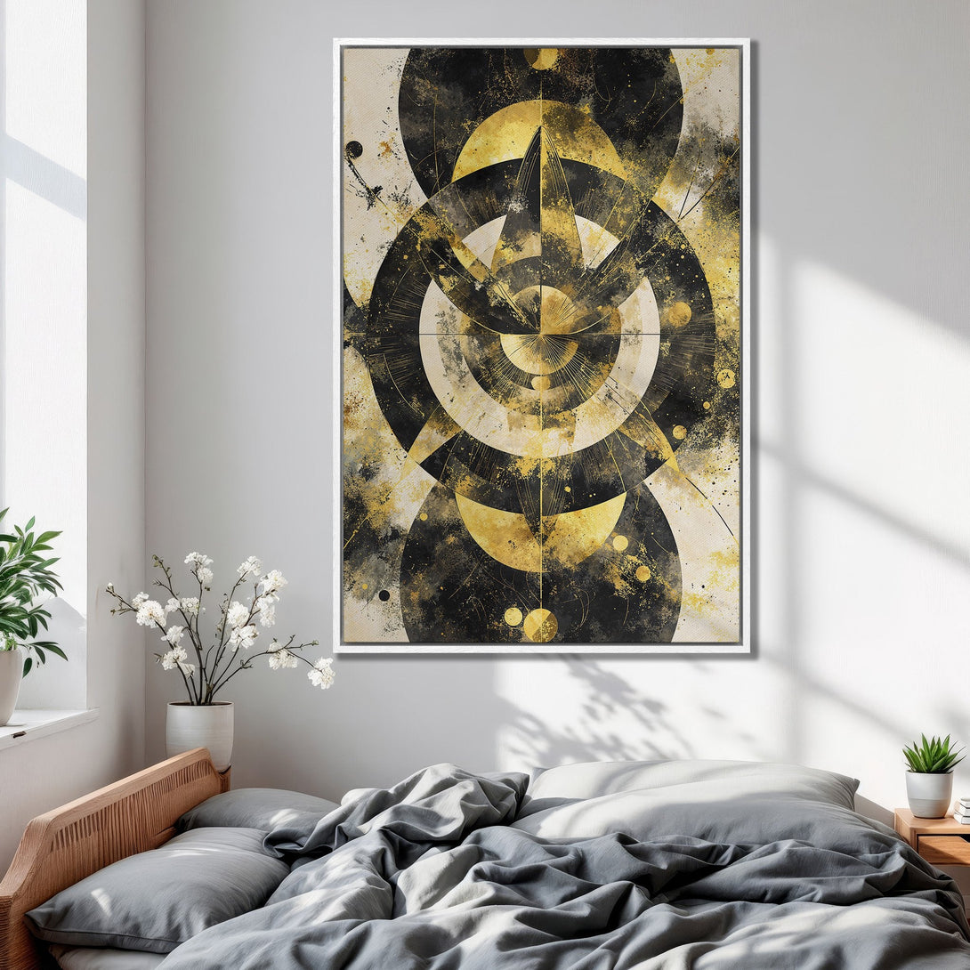 Framed Wall Art: Abstract geometric art print in black, gold, and cream. Modern art for bedroom decor. Enhance your space with this stylish canvas print.