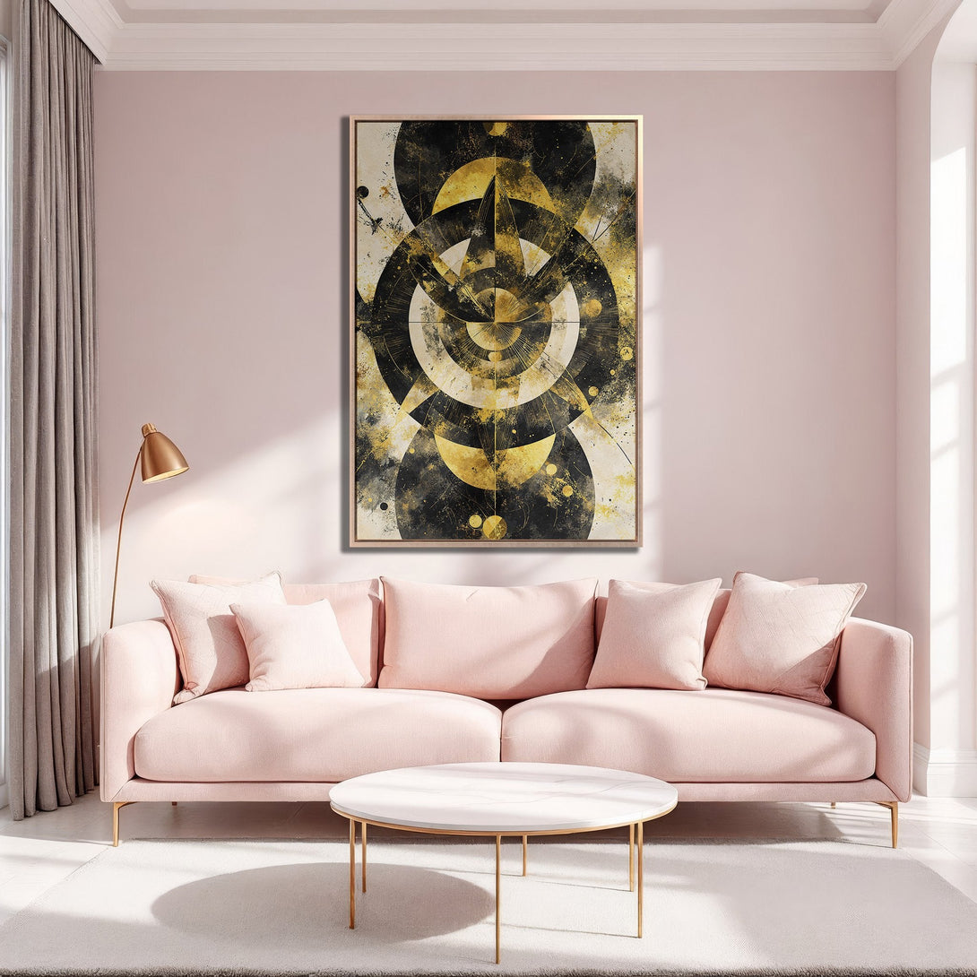 Framed Wall Art: Abstract geometric art in gold, black, and white. Modern canvas print adds a touch of luxury to any interior.