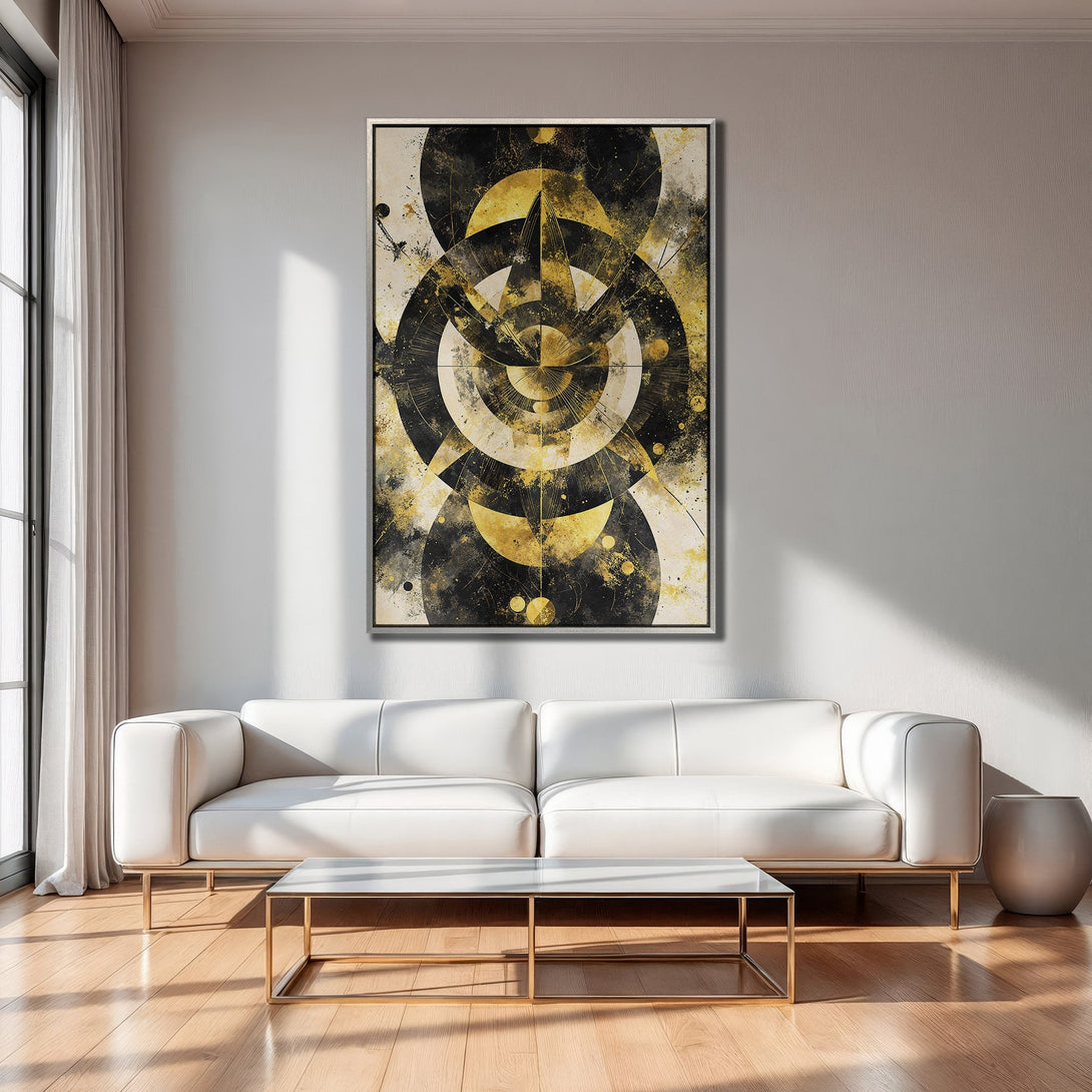 Framed Wall Art: Abstract geometric art in gold and black, displayed in modern interior. Enhance your space with this striking Canvas Print.