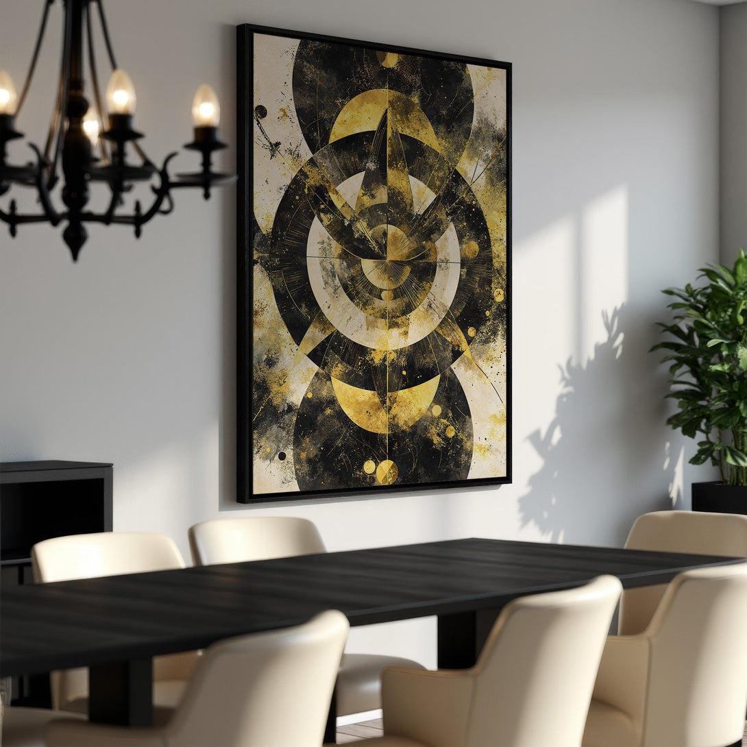Framed Wall Art featuring abstract geometric design in black and gold. Modern art canvas print adds a touch of elegance to any dining room.