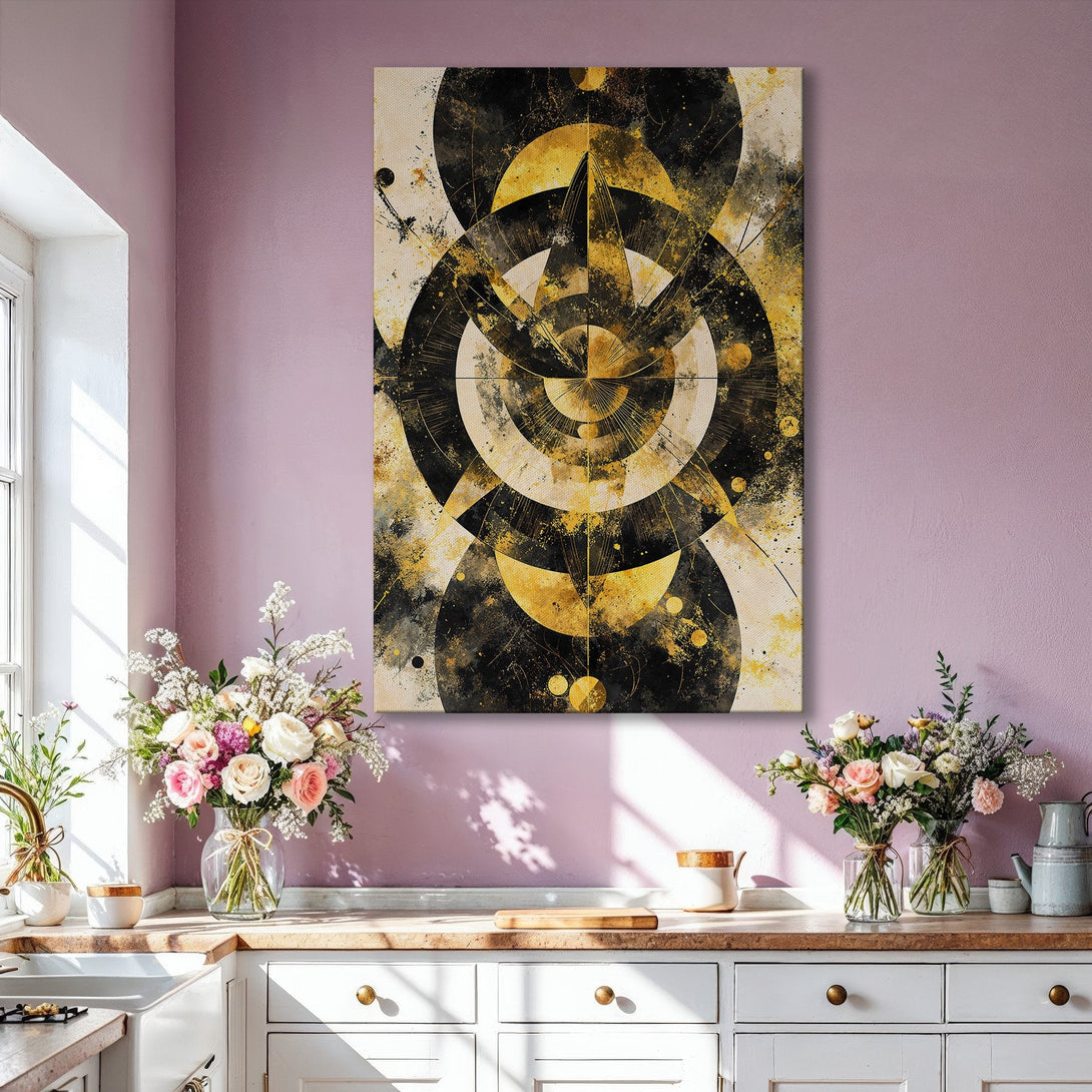 Framed Wall Art: Abstract geometric art in black, gold, and white. Modern style canvas print adds a touch of luxury to any living room. Shop now!